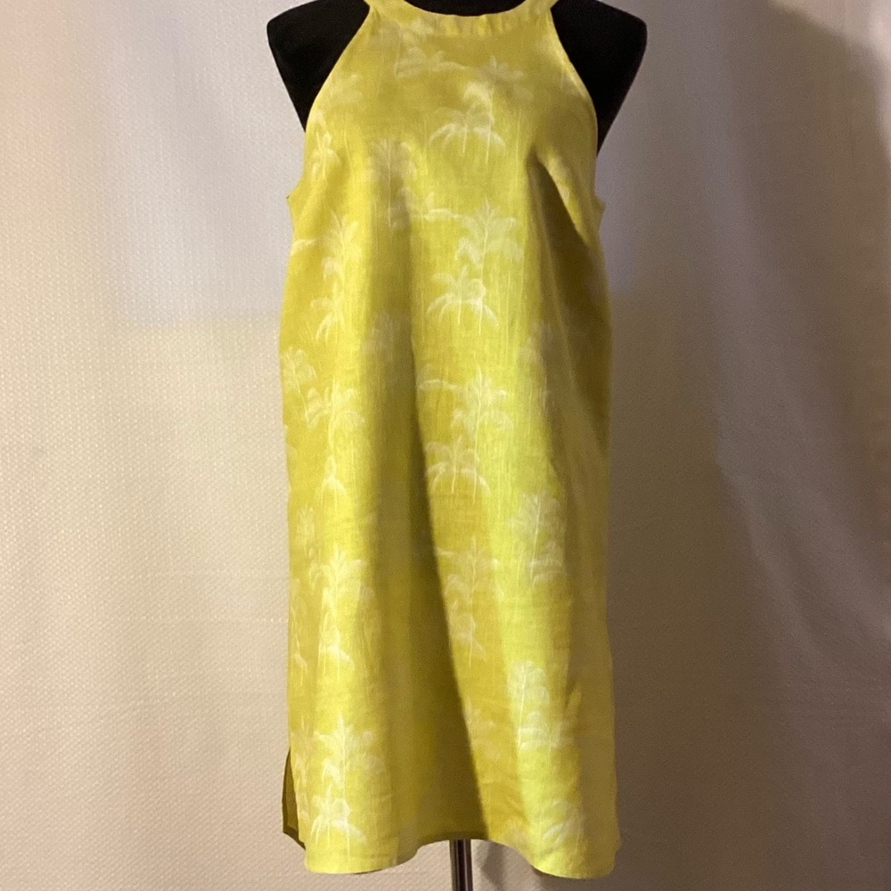 C&C summer dress with high shoulders yellow lime green with white print size S
